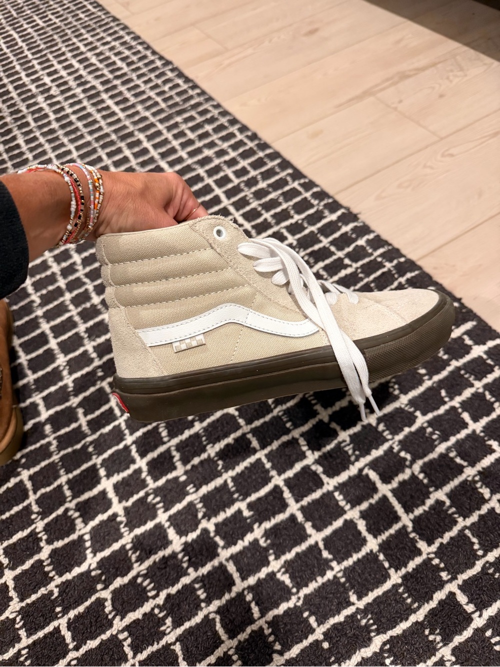 Vans High-Top Sneakers in Cream with White Stripe- new, mens 7.5, women’s 9